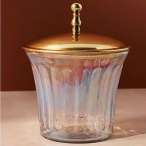 Anthropologie Lustrous Canister Iridescent Glass Gold Lid‎ Vanity Jar NWT
